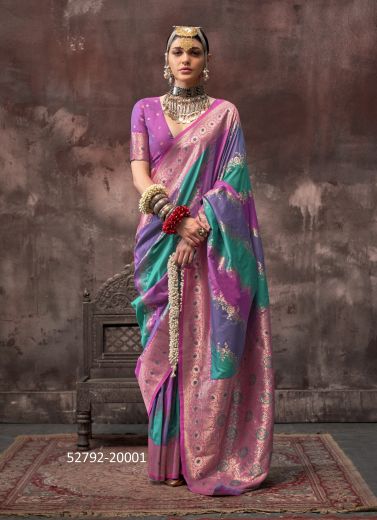 Multicolored Woven Handloom Silk Saree For Traditional / Religious Occasions