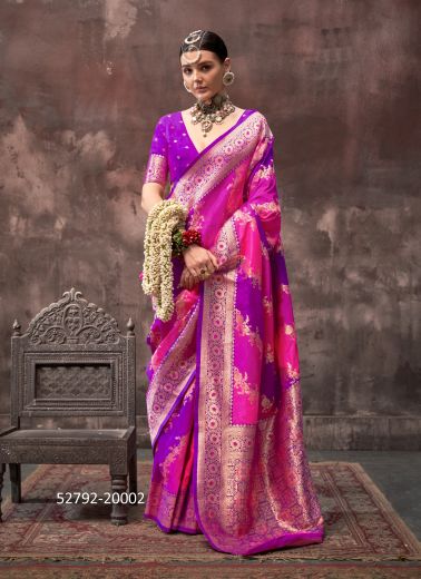 Magenta & Purple Woven Handloom Silk Saree For Traditional / Religious Occasions