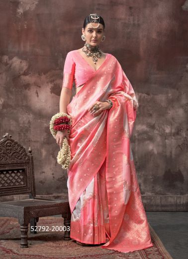 Pink & White Woven Handloom Silk Saree For Traditional / Religious Occasions