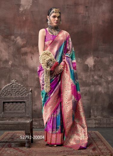 Multicolored Woven Handloom Silk Saree For Traditional / Religious Occasions