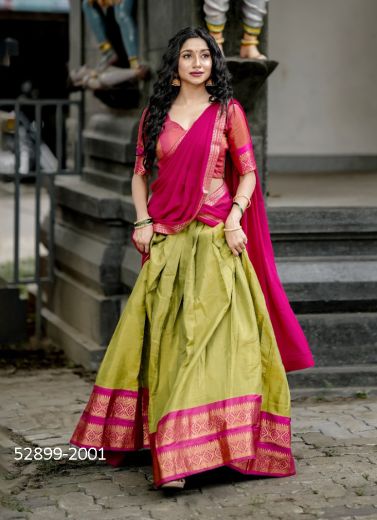 Olive Green & Magenta Woven Kanchipuram Silk Lehenga Choli For Traditional / Religious Occasions