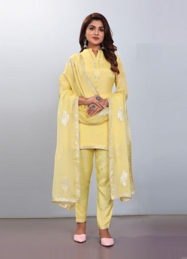Yellow Viscose With Jacquard Handwork Party-Wear Pant-Bottom Readymade Salwar Kameez