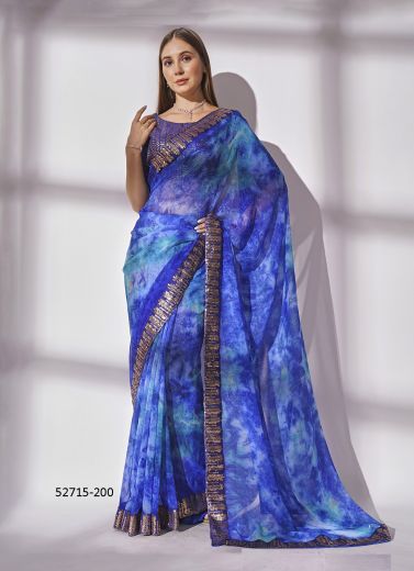 Blue Georgette Embroidered Party-Wear Beautiful Saree