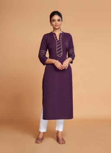Dark Purple Silk Readymade Straight-Line Kurti For Wearing In Office