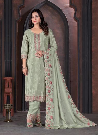 Sage Green Chinon Thread-Work Festive-Wear Straight-Cut Salwar Kameez