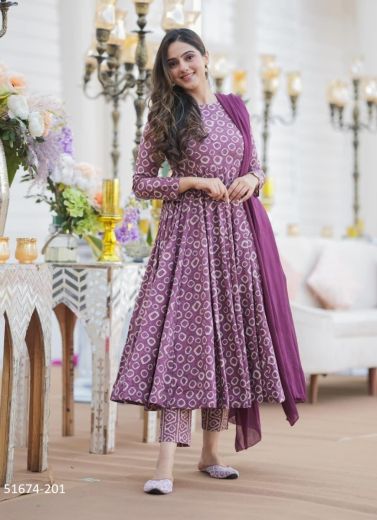 Purple Cotton Silk Digitally Printed Festive-Wear Anarkali Readymade Salwar Kameez
