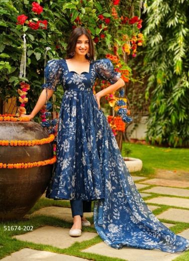 Sea Blue Silk Digitally Printed Festive-Wear Anarkali Readymade Salwar Kameez