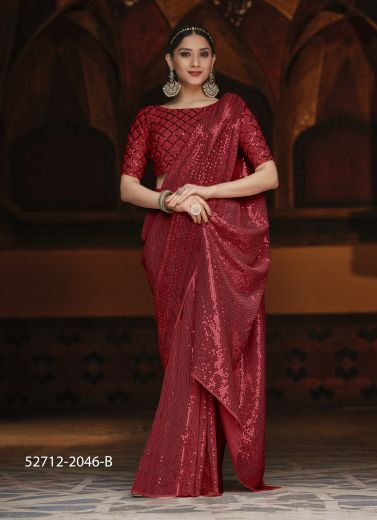 Red Georgette Sequins-Work Party-Wear Saree