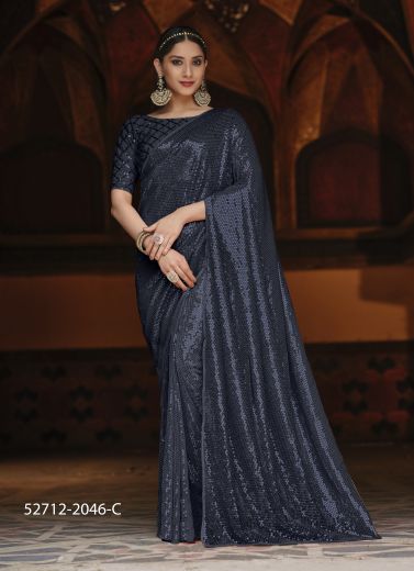 Dark Blue Georgette Sequins-Work Party-Wear Saree