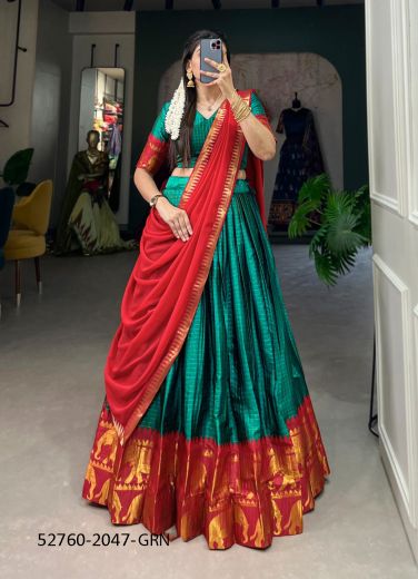 Teal Green & Maroon Woven Cotton Silk Lehenga Choli For Traditional / Religious Occasions