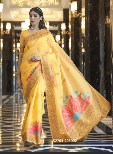 Yellow & Pink Linen Woven Festive-Wear Handloom Saree