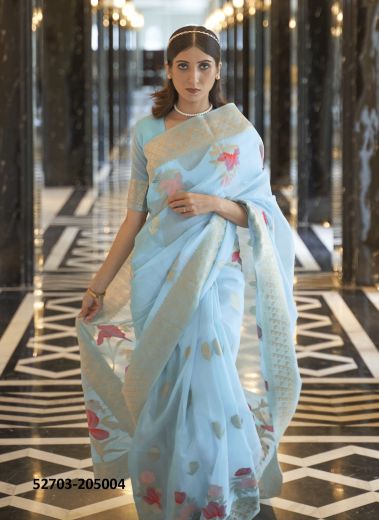 Sky Blue & Pink Linen Woven Festive-Wear Handloom Saree