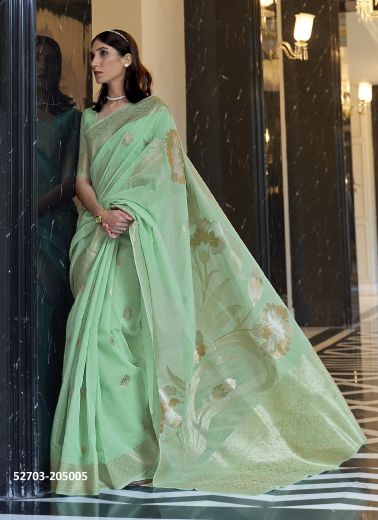 Light Green Linen Woven Festive-Wear Handloom Saree