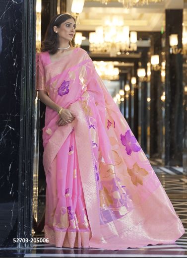 Pink & Violet Linen Woven Festive-Wear Handloom Saree