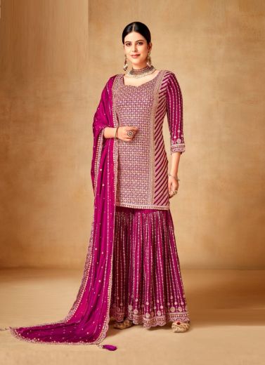 Magenta Premium Chinon Embroidered Gharara-Bottom Readymade Salwar Kameez For Traditional / Religious Occasions
