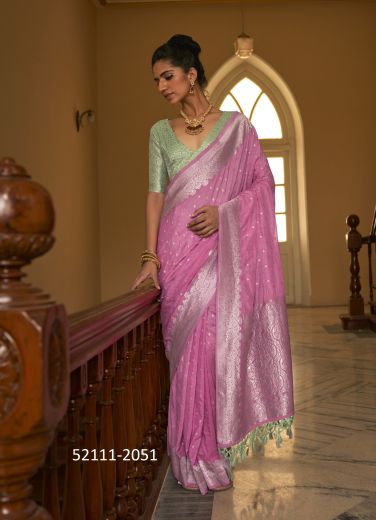 Dull Pink Woven Nylon Crape Party-Wear Jacquard Saree