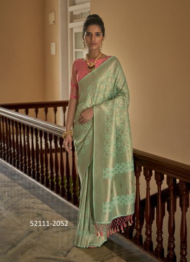 Light Green Woven Nylon Crape Party-Wear Jacquard Saree