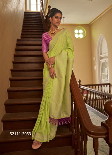 Lemon Green Woven Nylon Crape Party-Wear Jacquard Saree