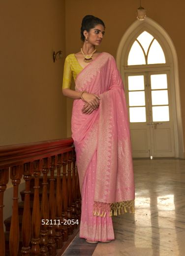 Pink Woven Nylon Crape Party-Wear Jacquard Saree