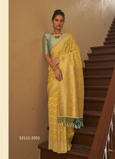 Yellow Woven Nylon Crape Party-Wear Jacquard Saree