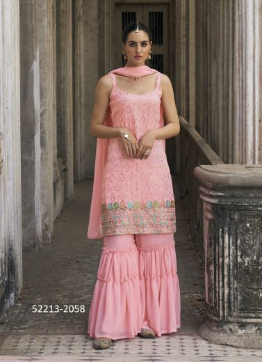 Pink Faux Georgette Sequins-Work Party-Wear Sharara-Bottom Salwar Kameez