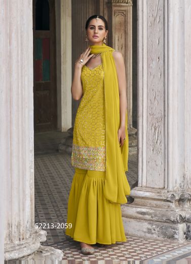 Yellow Faux Georgette Sequins-Work Party-Wear Sharara-Bottom Salwar Kameez