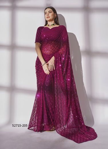 Purple Georgette Embroidered Party-Wear Beautiful Saree