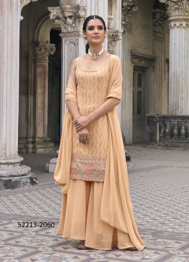 Peach Faux Georgette Sequins-Work Party-Wear Sharara-Bottom Salwar Kameez