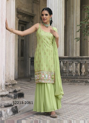 Light Green Faux Georgette Sequins-Work Party-Wear Sharara-Bottom Salwar Kameez