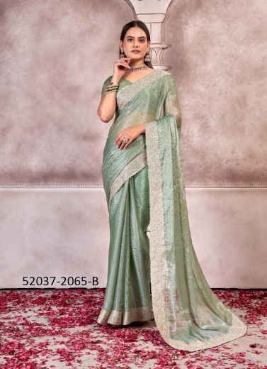 Light Sage Green Chiffon Thread-Work Boutique-Style Saree For Traditional / Religious Occasions