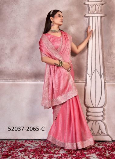 Pink Chiffon Thread-Work Boutique-Style Saree For Traditional / Religious Occasions
