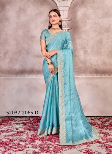 Light Blue Chiffon Thread-Work Boutique-Style Saree For Traditional / Religious Occasions