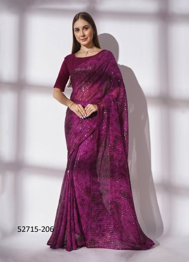 Purple Georgette Embroidered Party-Wear Beautiful Saree