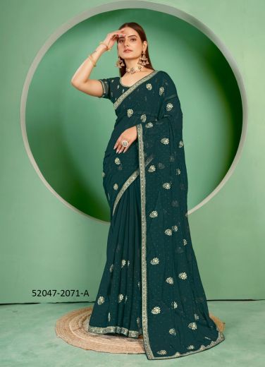 Teal Green Shimmer Blooming Embroidered Boutique-Style Saree For Traditional / Religious Occasions