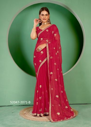 Crimson Red Shimmer Blooming Embroidered Boutique-Style Saree For Traditional / Religious Occasions