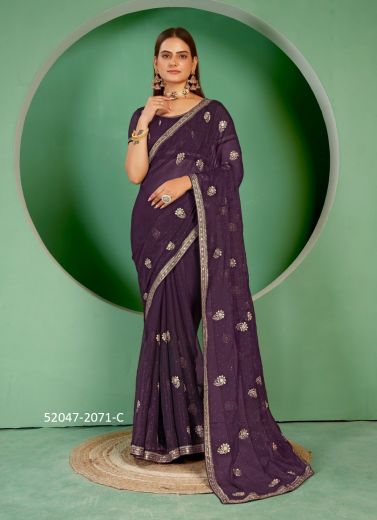 Dark Purple Shimmer Blooming Embroidered Boutique-Style Saree For Traditional / Religious Occasions