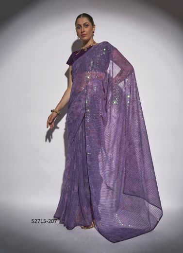 Dull Violet Georgette Embroidered Party-Wear Beautiful Saree