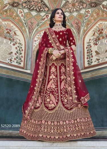 Multicolored Velvet Wedding-Wear Bridal Lehenga Choli