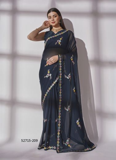 Dark Navy Blue Georgette Embroidered Party-Wear Beautiful Saree