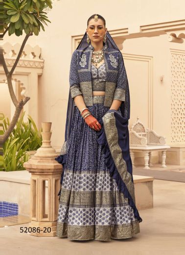 Navy Blue Silk Foil-Printed Wedding-Wear Bridal Readymade Lehenga Choli With Shrug