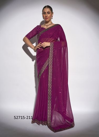 Purple Georgette Embroidered Party-Wear Beautiful Saree