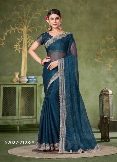 Sea Blue Shimmer Thread-Work Boutique-Style Saree For Traditional / Religious Occasions
