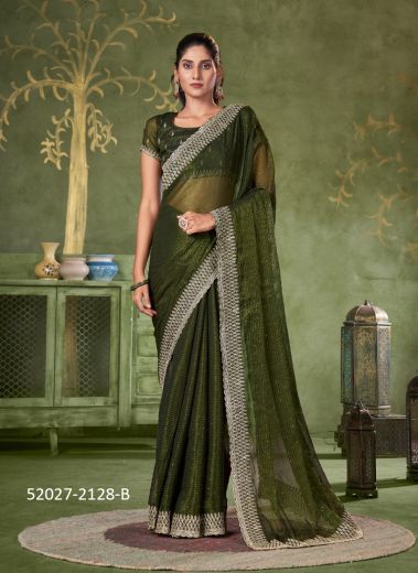 Olive Green Shimmer Thread-Work Boutique-Style Saree For Traditional / Religious Occasions