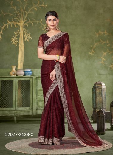 Maroon Shimmer Thread-Work Boutique-Style Saree For Traditional / Religious Occasions