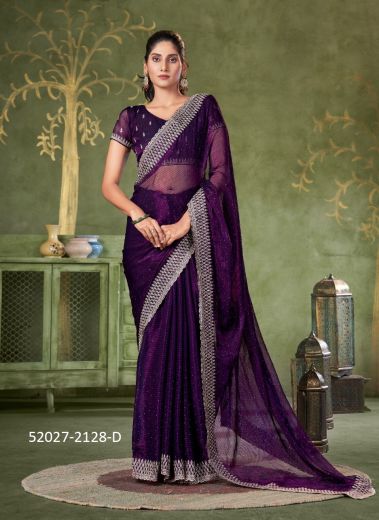 Dark Violet Shimmer Thread-Work Boutique-Style Saree For Traditional / Religious Occasions
