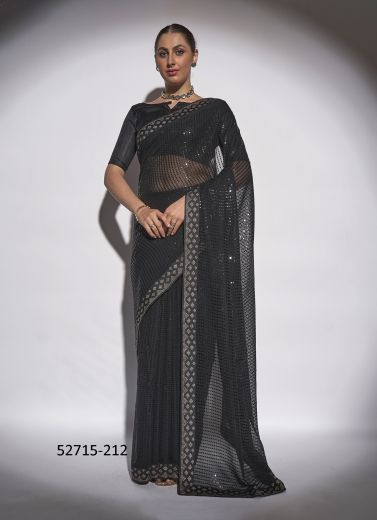 Black Georgette Embroidered Party-Wear Beautiful Saree