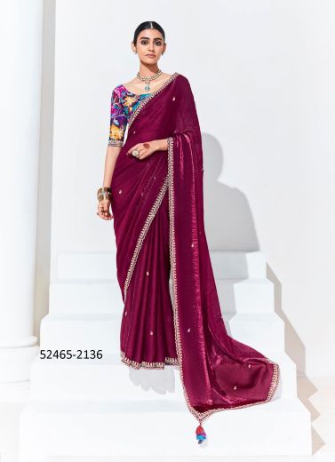 Purple Organza Digitally Printed Party-Wear Boutique-Style Saree