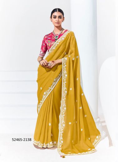 Mustard Yellow Organza Digitally Printed Party-Wear Boutique-Style Saree