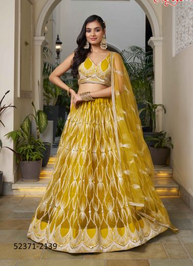 Yellow Butterfly Net Embroidered Party-Wear Stylish Lehenga Choli