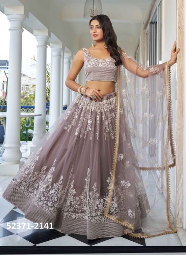 Dark Mauve Butterfly Net Embroidered Party-Wear Stylish Lehenga Choli